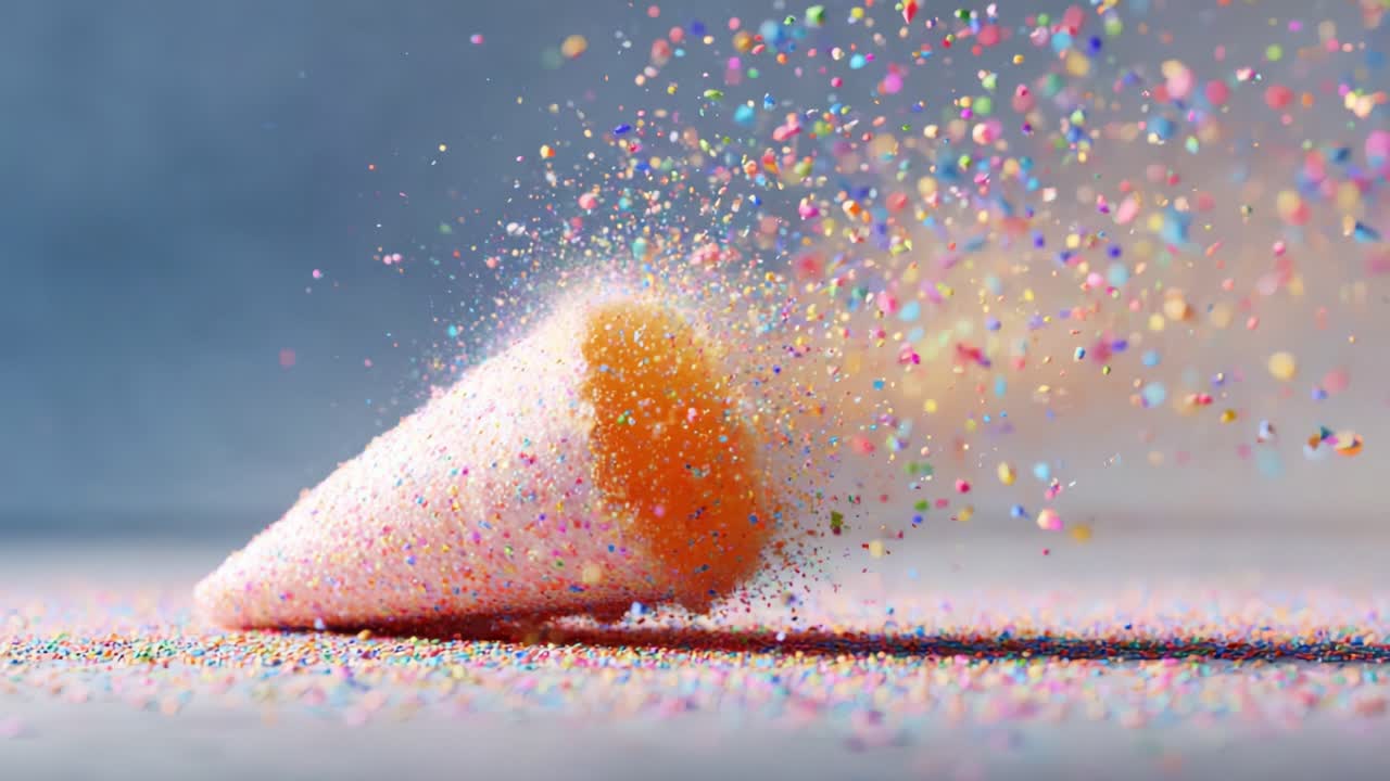 A Vibrant Display of Colorful Sprinkles Bursting from an Ice Cream Cone, Creating a Festival of Colors on a Calm Surface in a Whimsical and Artistic Presentation
