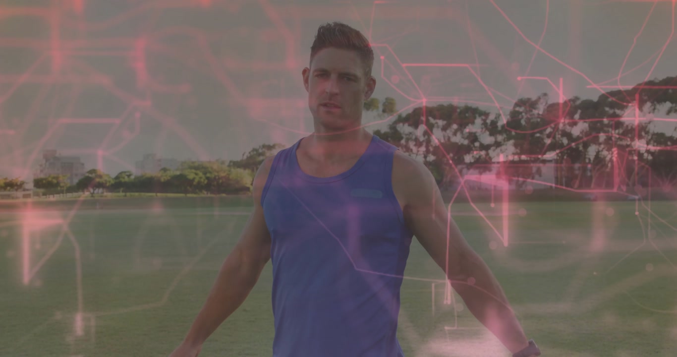 Fitness instructor stretching shoulder and tapping smartwatch for tracking then greeting audience