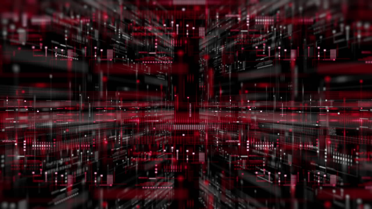 4K Futuristic background with digital data code and HUD elements. Perfect for text titles and horizontal displays.