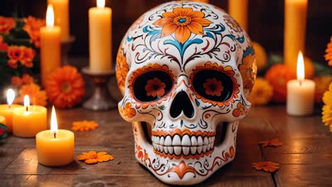 day of the dead sugar skull decoration with candles and flowers