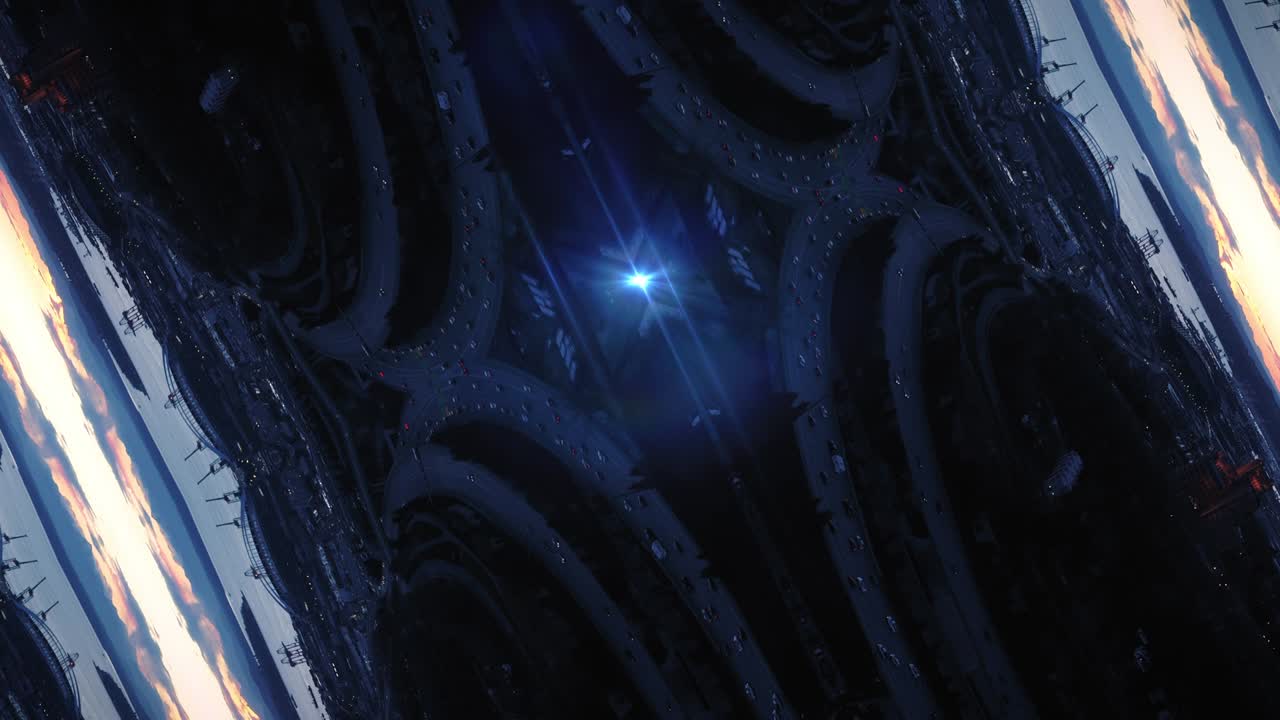 Futuristic City Aerial Background with Neon Lights and Mirror Effect