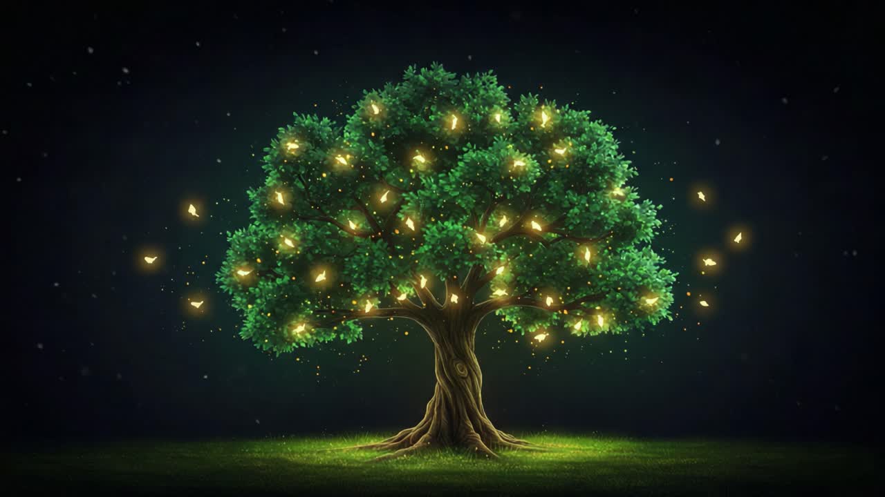 A Majestic Tree Illuminated by Glowing Lights and Butterflies in a Mystical Setting, Creating a Breathtaking Scene of Nature's Sorcery and Enchantment