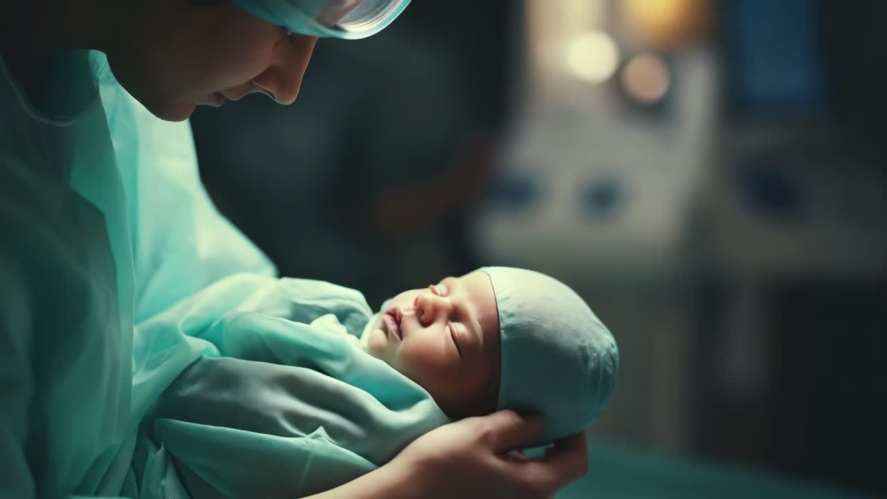 Close-up, soft-focus video still of a newborn cradled by a nurse in scrubs, highlighting tender care