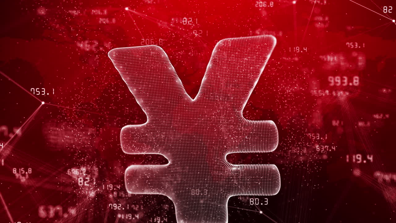 3D hologram of japanese yen icon on red background with plexus lines and dots. Values of financial indicators of stock exchange are constantly changing. Abstract space motion graphics.