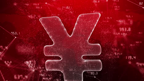 3d hologram of japanese yen icon on red background with plexus lines and dots. values of financial indicators of stock exchange are constantly changing. abstract space motion graphics.