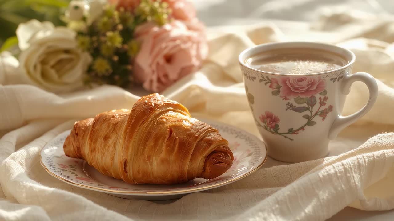 Shifting camera moving right and closer to table, highlighting flaky croissant and floral cup foam