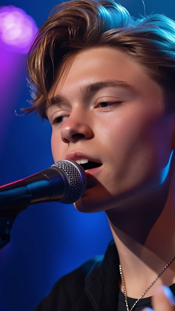 Captivating Performance: A Young Singer Engages the Audience with Emotion and Passion Under Colorful Stage Lights, Creating a Memorable Musical Experience