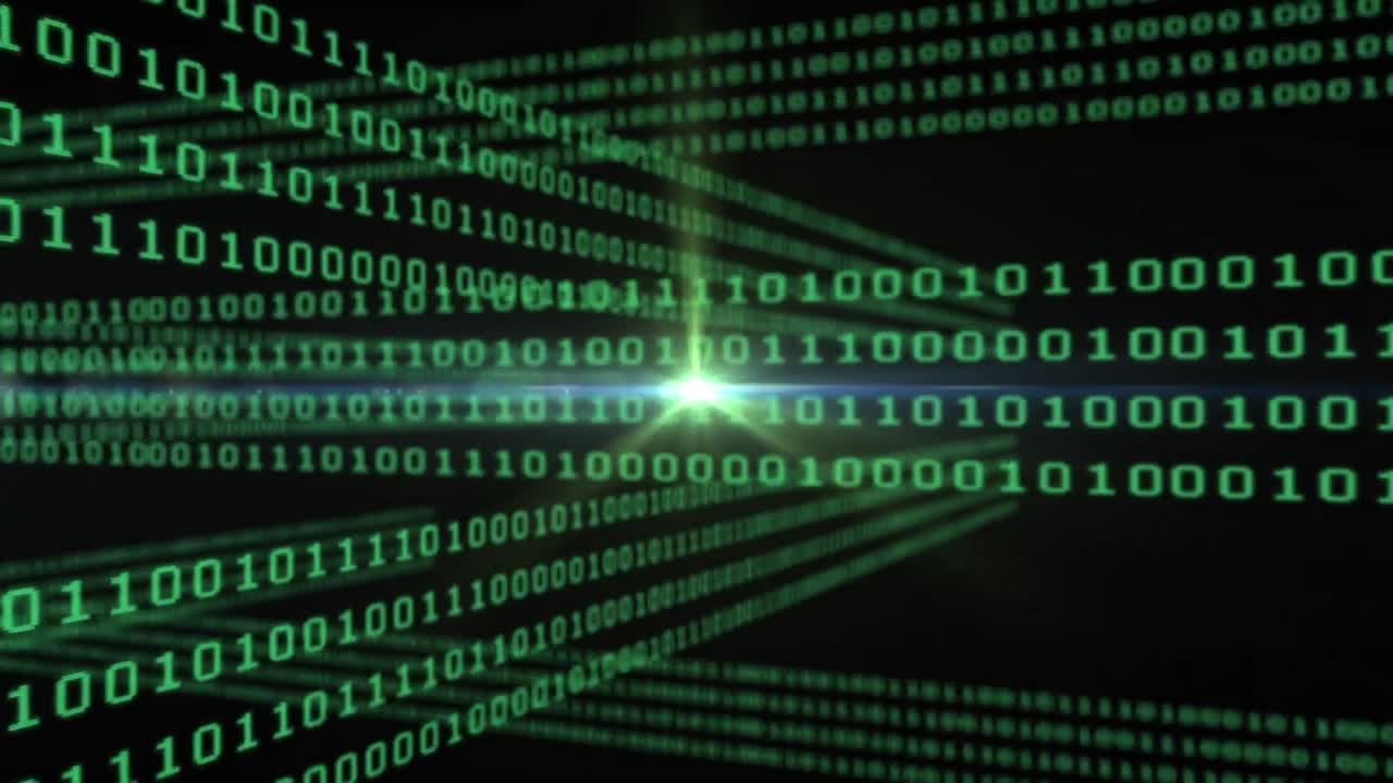 Animation of binary coding digital data processing on black background