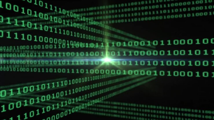 Animation of binary coding digital data processing on black background
