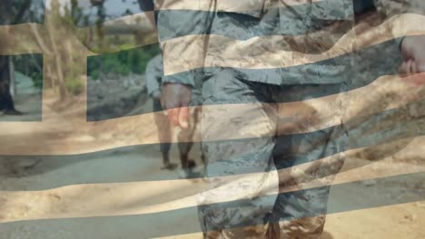 animation of flag of greece over marching male soldiers in uniform