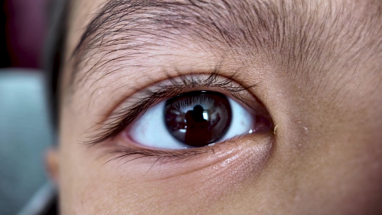 Un primo piano dettagliato cattura l'occhio destro di un giovane ragazzo sud-asiatico, evidenziando le intricate caratteristiche della sua iride, pupilla e ciglia. La luce naturale illumina l'occhio marrone.
