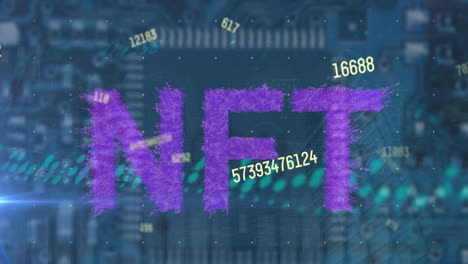 animation of changing numbers over purple nft text banner against close up of a computer server