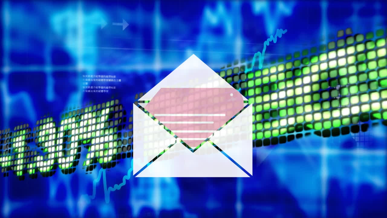 animación del icono del sobre sobre el procesamiento de datos financieros con estadísticas