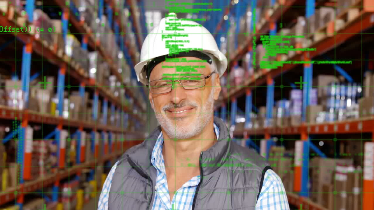 animación del procesamiento de datos sobre el hombre que trabaja en el almacén