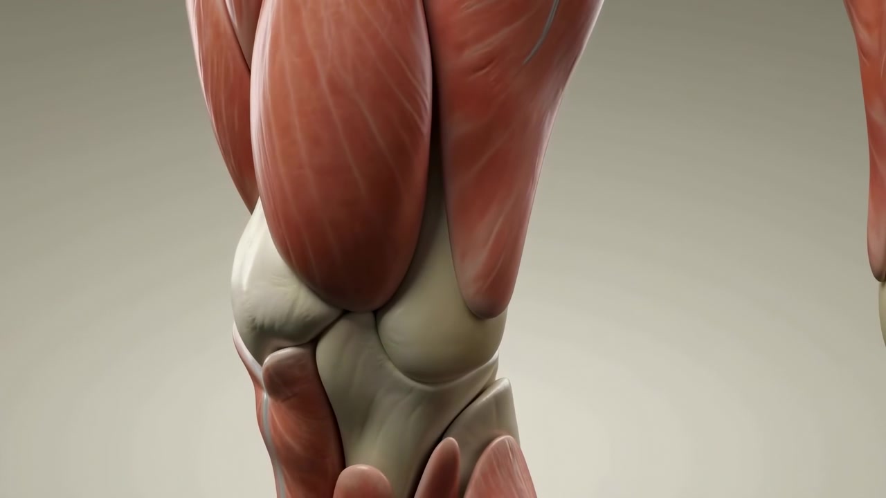 Primo piano di un modello anatomico di ginocchio umano che mostra i muscoli circostanti, le ossa, i legamenti e la struttura articolare, centrato su uno sfondo neutro e semplice