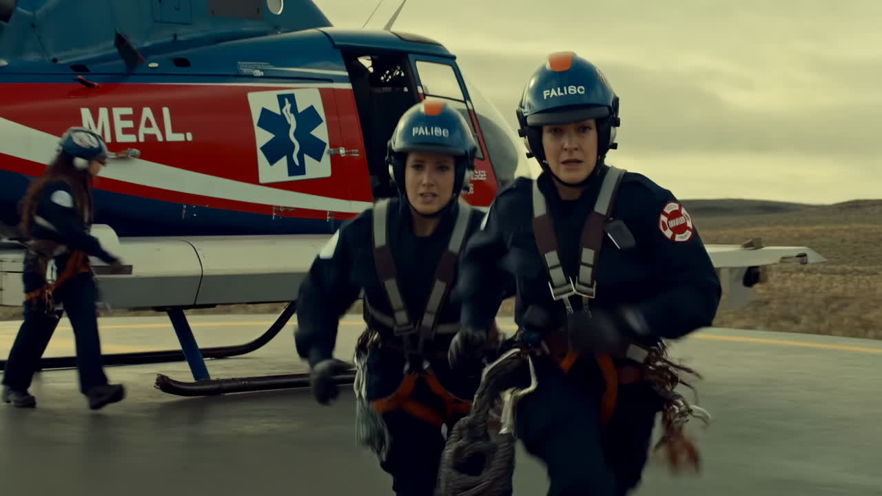 Kurtarma helikopterinden koşan iki kadın sağlık görevlisi