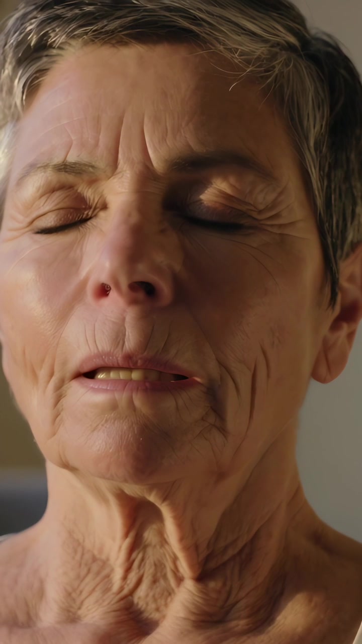 Video verticale: Donna anziana che respira muovendo labbra e collo in una stanza illuminata delicatamente, cinghia visibile.