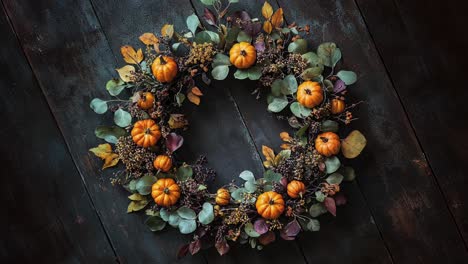 Rustic-Autumn-Wreath-with-Mini-Pumpkins-on-Dark-Wood-Background