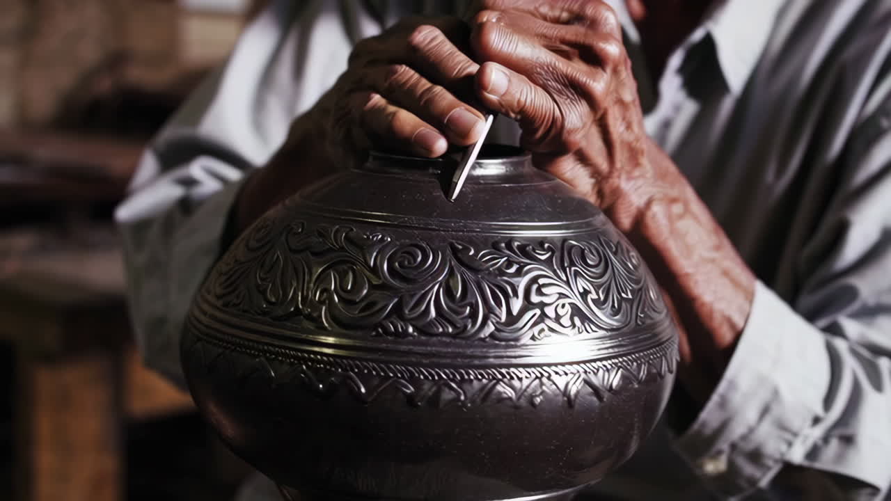 Artisan Craftsman Working on Ornate Metal Bowl