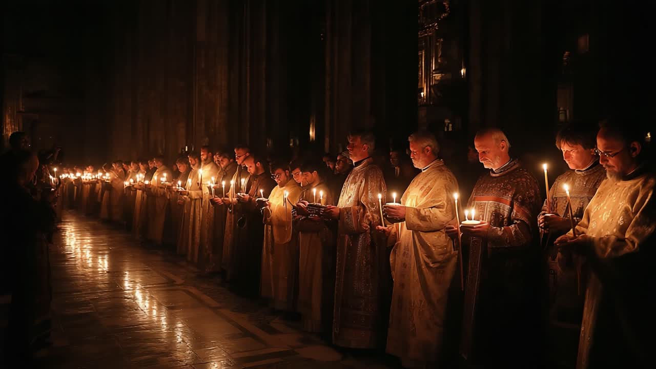 Eine feierliche Versammlung von Geistlichen in einer von Kerzen beleuchteten Atmosphäre, die ein Gefühl der Ehrfurcht, spirituellen Verbundenheit und Gemeinschaft während einer gemeinsamen Zeremonie hervorruft