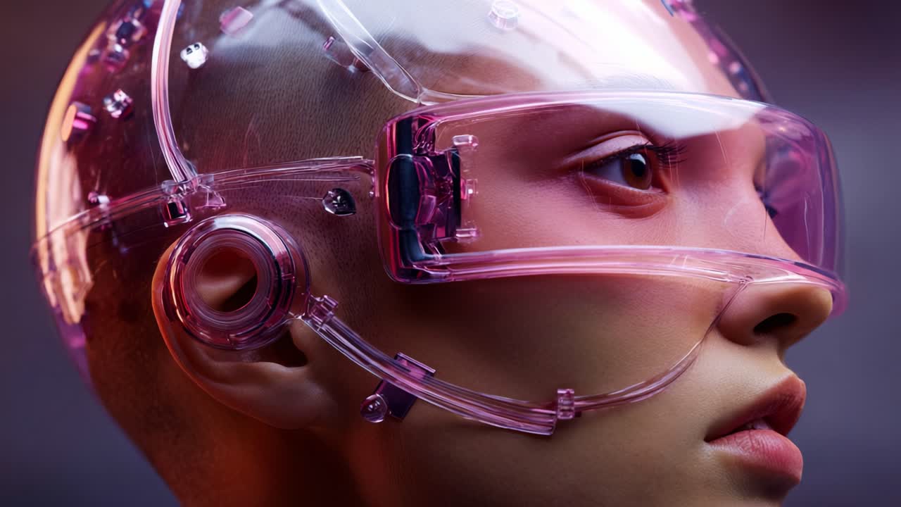 Una rappresentazione futuristica di una figura umana che indossa un casco trasparente dotato di tecnologia avanzata, che unisce elementi fantascientifici e design moderno in una composizione visivamente sorprendente