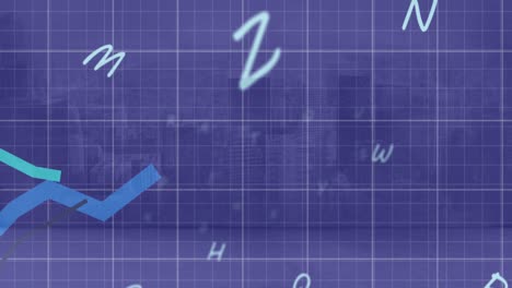 Animation-of-floating-alphabets-and-statistical-data-processing-against-aerial-view-of-cityscape