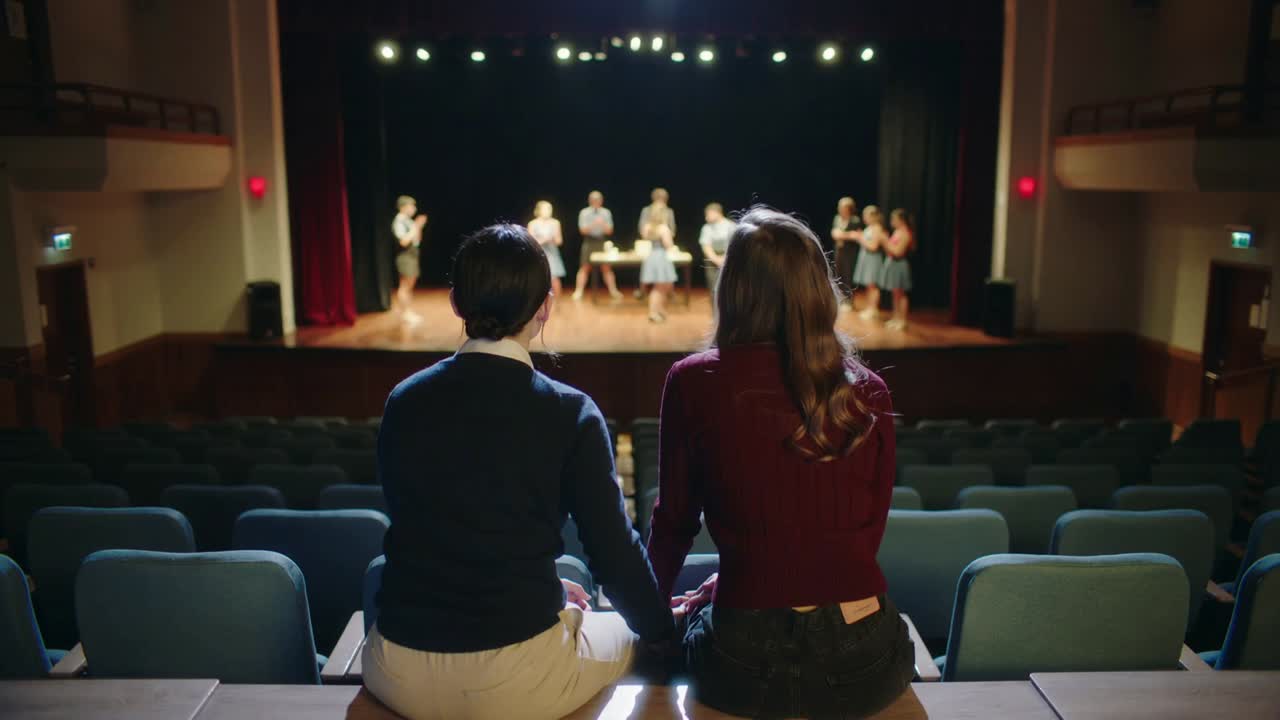 Coppia che applaude, con top bordeaux e mano nella mano, in prima fila dopo che un ballerino si è avvicinato a un tavolo sotto le luci.