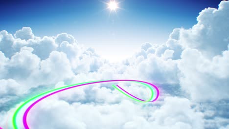 beautiful flight of rainbow colored trail through the clouds seamless. looped 3d animation of flowing futuristic stroke stream in the sky.