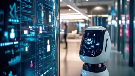futuristic robot interacting with data display
