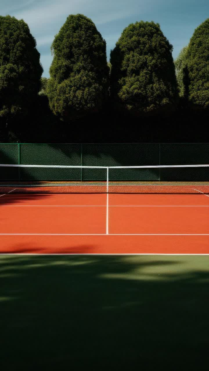 Aerial view of a vibrant tennis court surrounded by lush trees, capturing a serene, cinematic style