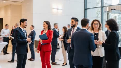 engaging business networking at a professional event: professionals connecting and collaborating in a stylish venue setting