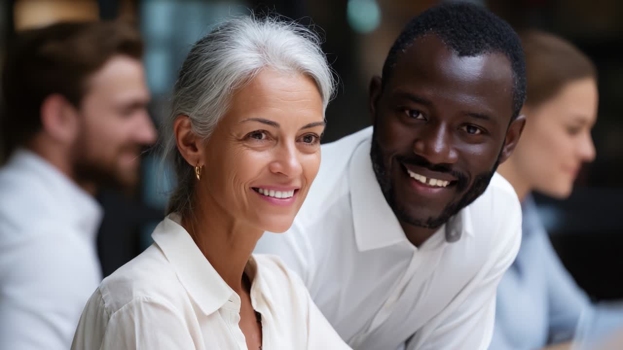 Engaging Dialogue and Connection: A Senior Woman and a Young Man Share a Warm Moment in an Office Setting, Highlighting the Importance of Interaction and Positive Relationships in the Workplace