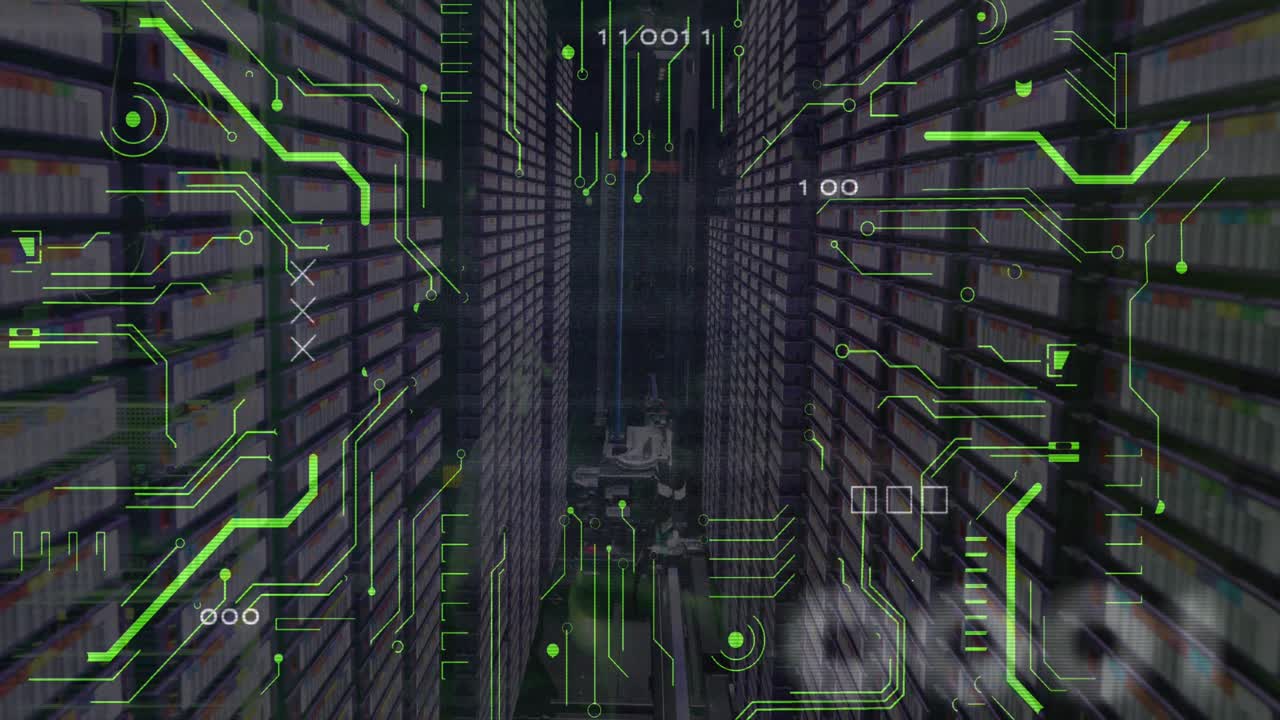 Animation of binary codes and power supply over equipment in server room