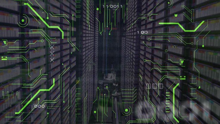 Animation of binary codes and power supply over equipment in server room