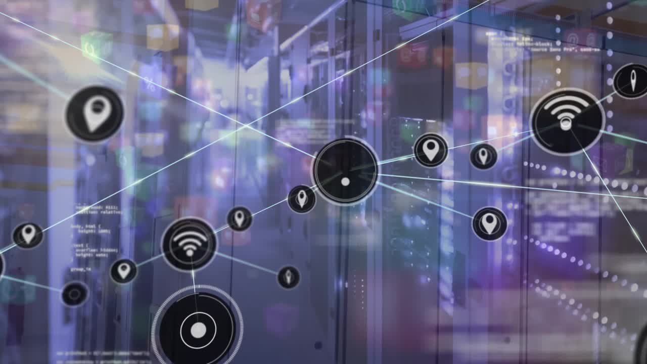 Animation af forbundne ikoner og computerprogrammeringssprog over et serverrum i baggrunden