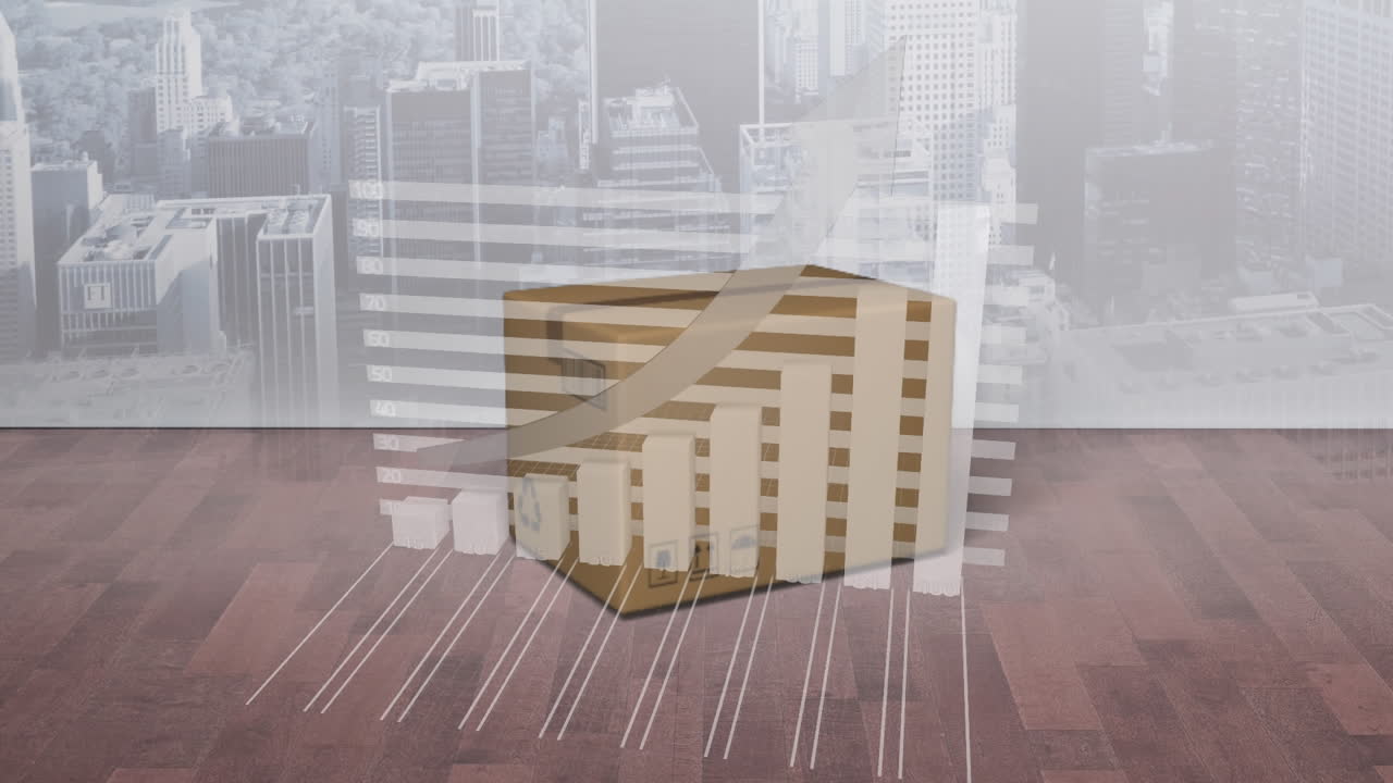 Animation of statistics processing over cardboard box and cityscape