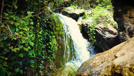 Sehr-Schöner-Wasserfall-Mit-Sonnenlicht,-Das-Durch-Die-Baumblätter-In-Algerien-Fällt