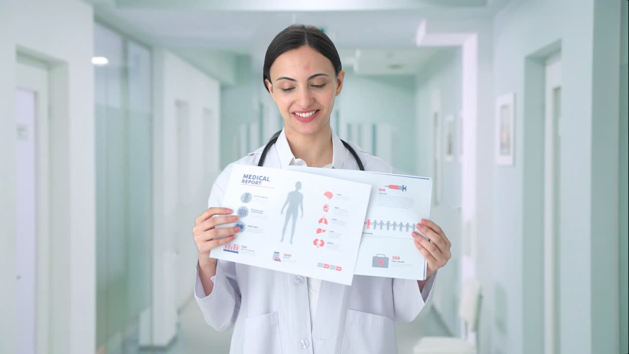 doctora india feliz explicando informes médicos al paciente