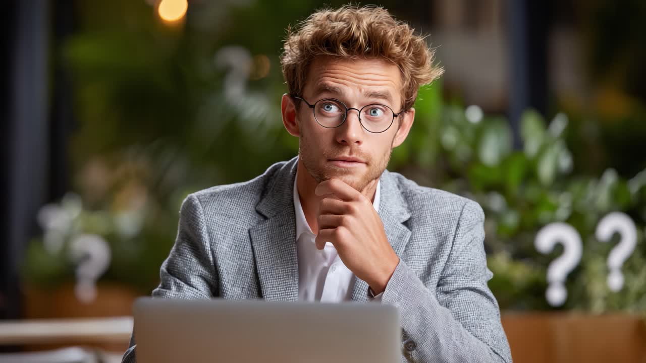 A Thoughtful Individual in a Modern Workspace Contemplates Ideas While Seated at a Laptop, Surrounded by Questions and Investigative Vibes in a Natural Setting