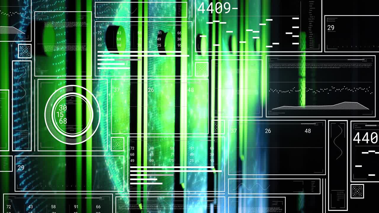 On launch green panels sliding in and pulsing data updates visualizing metrics over rotating globe