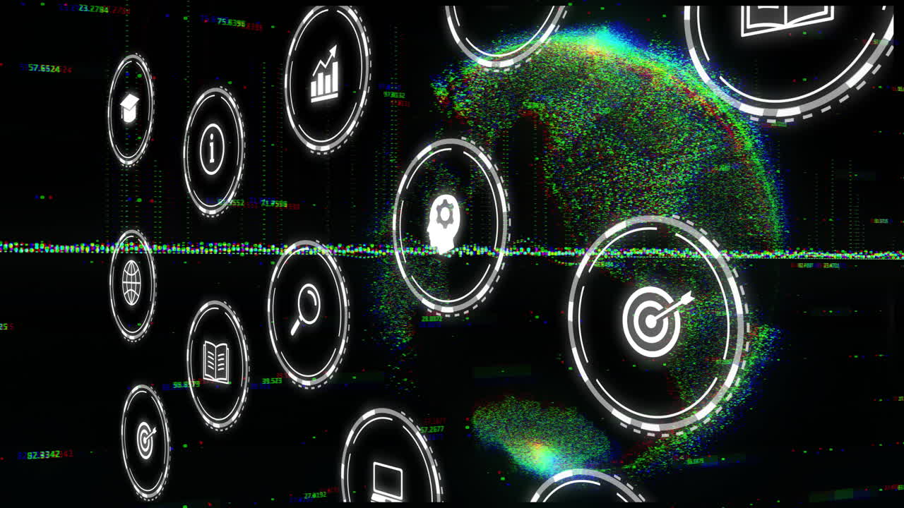 디지털 아이콘과 데이터 처리의 애니메이션은 불편한 세계 배경에 있습니다.