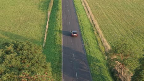 a single car drives along a narrow countryside road surrounded by lush green fields and trees. the warm sunlight casts long shadows, creating a peaceful rural atmosphere