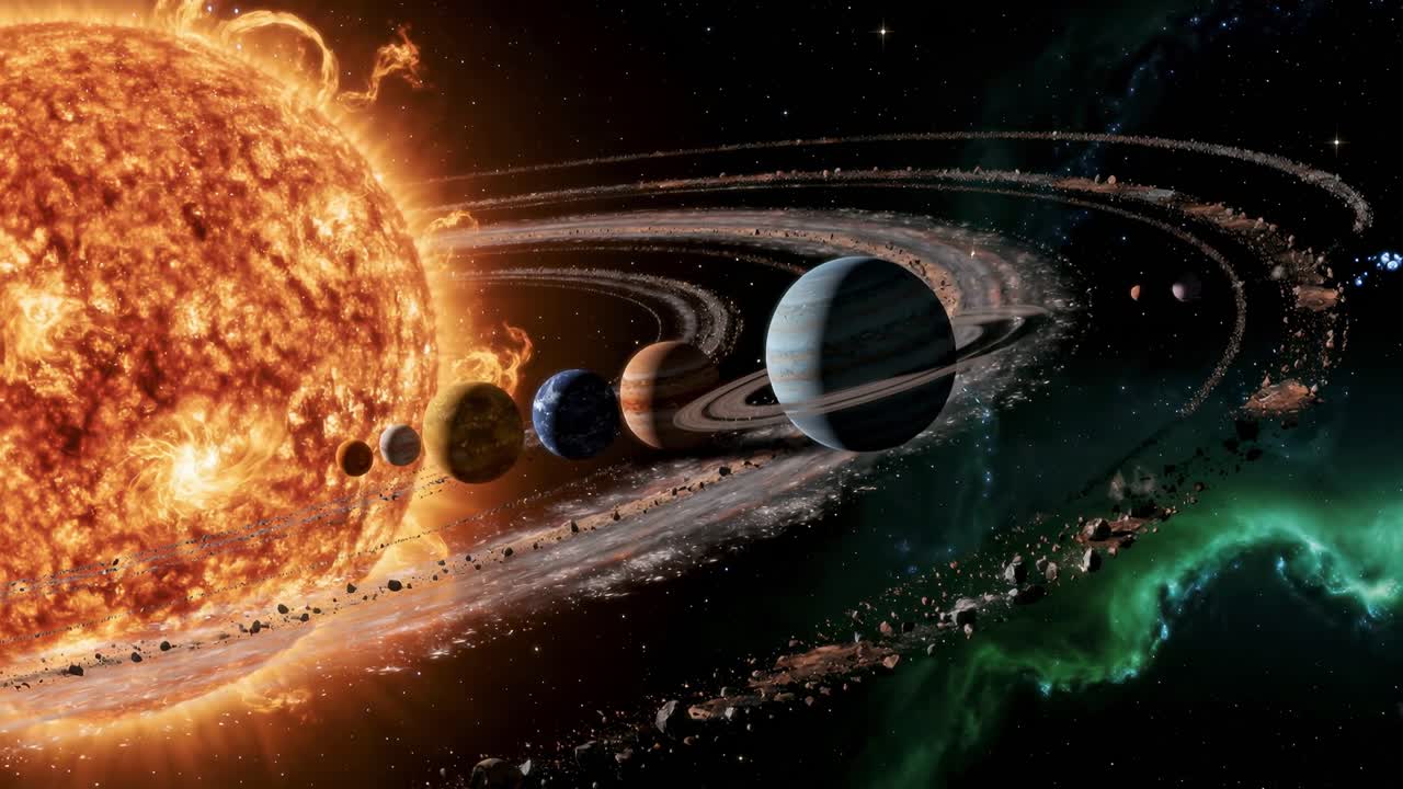 Vista cinematográfica de un sistema planetario ficticio con múltiples planetas, anillos y asteroides cerca de una estrella resplandeciente en el espacio profundo.