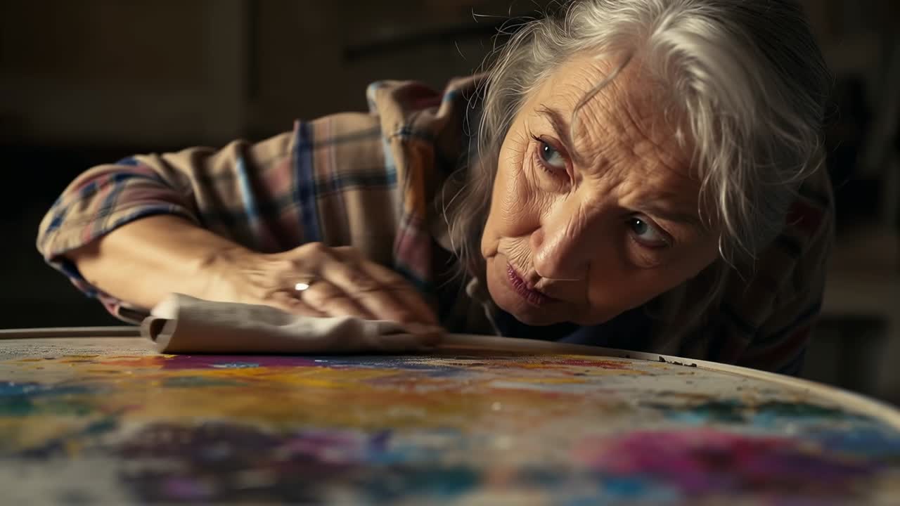 Vertical video: Seeing stains, senior woman in plaid wiping and smoothing table in studio with rag