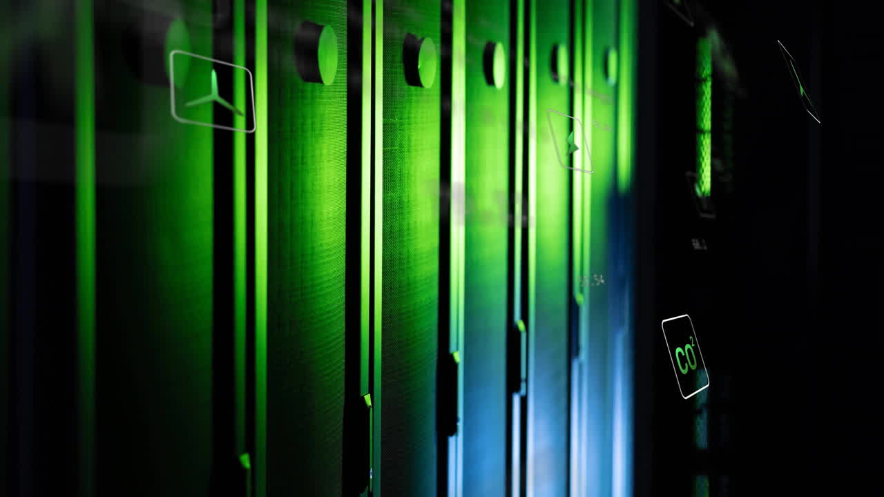 Animation of eco icons and data processing over computer servers