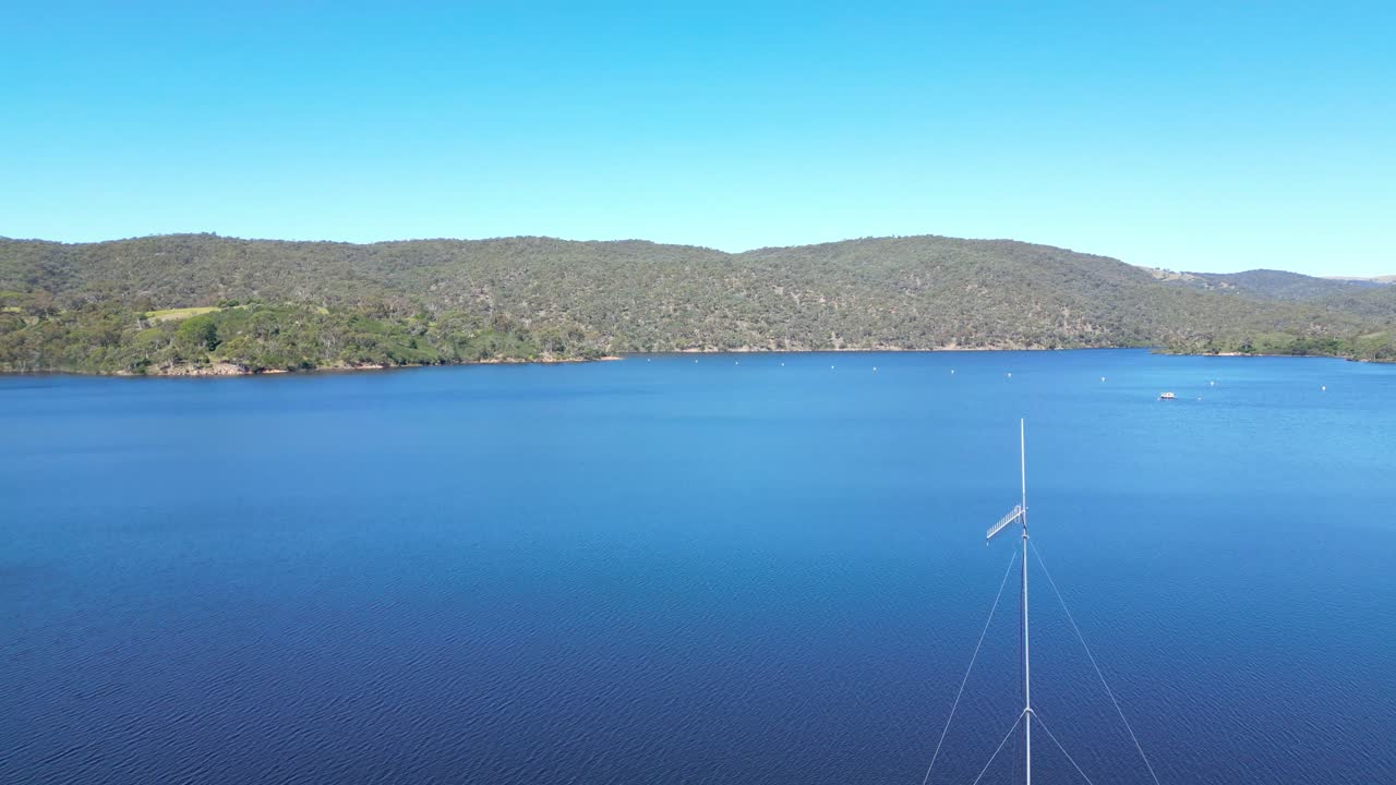 Flying out over Googong Dam in the Capital Country region of New South Wales, Australia