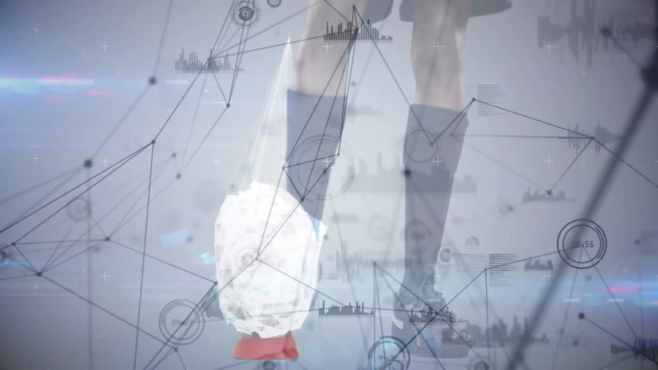 Geometric shapes and data processing animation over person kicking soccer ball