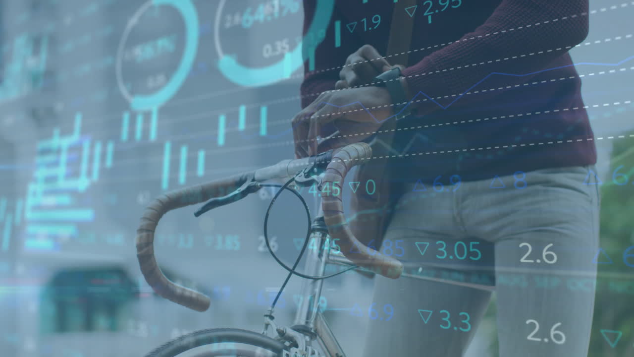 Animation af finansiel databehandling over en afroamerikansk forretningsmand, der bruger smartwatch