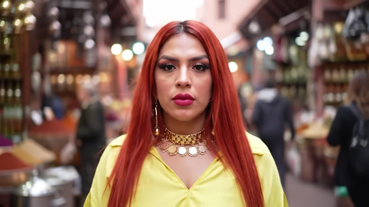 A confident woman in a bright yellow blouse stands at the center of a lively marketplace. Vendors and shoppers surround her, illustrating the vibrant local culture and dynamic atmosphere.