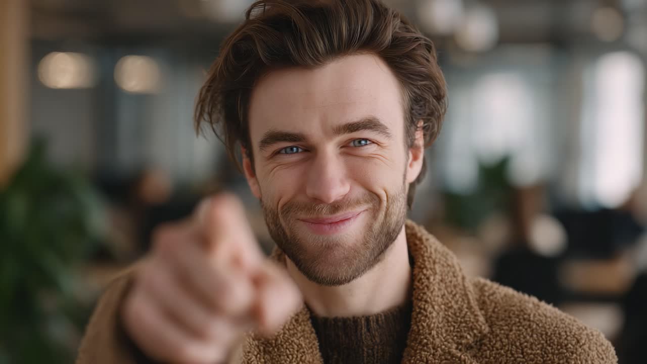 Un giovane uomo allegro con un sorriso sicuro e capelli alla moda, che invita all'interazione attraverso un gesto amichevole in uno spazio di lavoro moderno pieno di persone